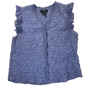 FDJ French Dressing Jeans Top Womens M Blue Stripe Ruffle Sleeveless Cotton